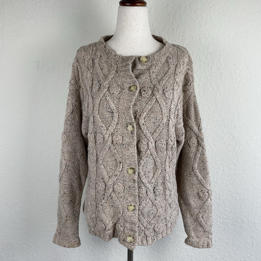 Herman Geist S Fisherman Cardigan Cable Knit Button Tan Wool Blend Chunky Knit